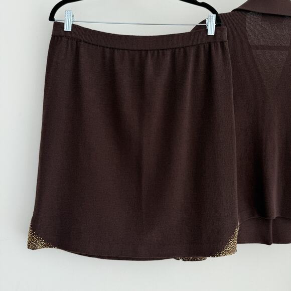 Vintage St John Evening Skirt Suit Set 16 14 Brown Santana Knit Rhinestone Luxur - Picture 5 of 12